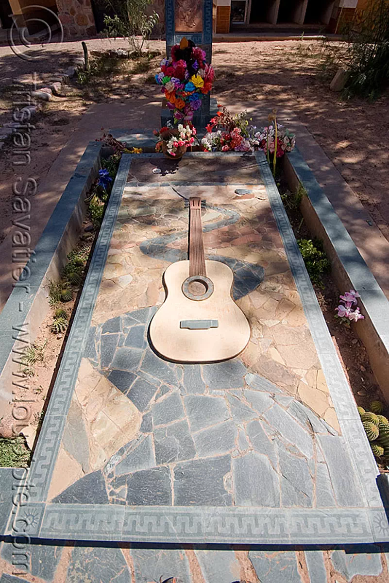 tomb of ricardo vilca - humahuaca (argentina), cemetery, composer, grave, graveyard, guitar, guitarist, noroeste argentino, quebrada de humahuaca, tombstone, stock photo