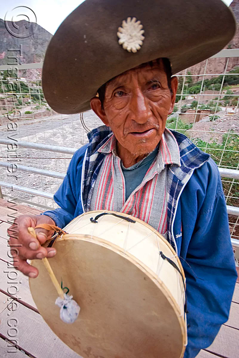 old man playing drum (argentina), caja, hat, iruya, noroeste argentino, player, quebrada de humahuaca, stock photo