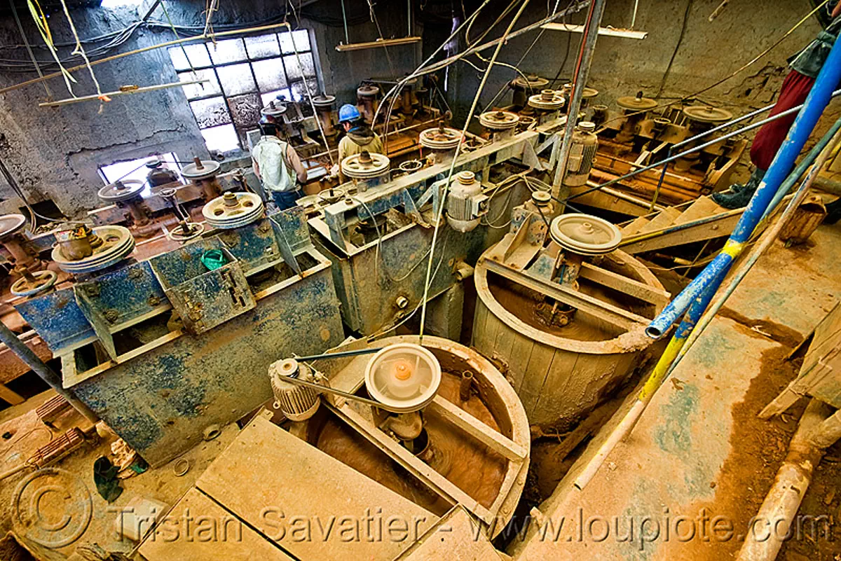 ore processing plant - potosi (bolivia), cerro rico, factory, machines, man, mina candelaria, mine worker, miner, mining, potos&iacute;, safety helmet, sludge, workers, stock photo