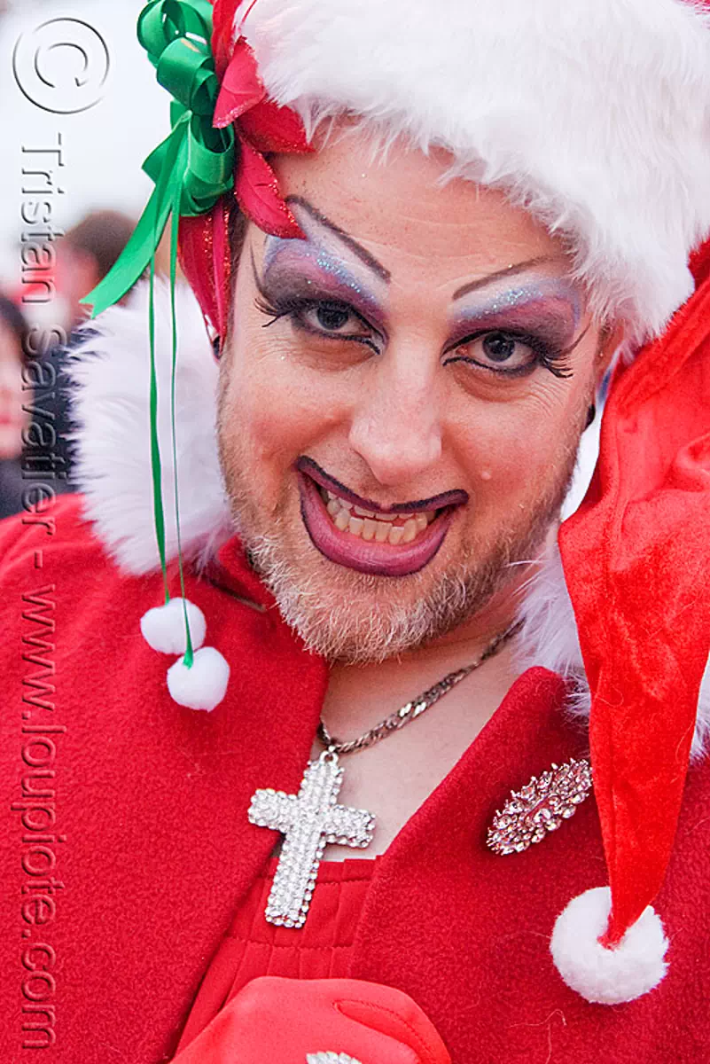 santa claus drag queen - sisters of perpetual indulgence (san francisco), beard, christmas, costumes, cross, knot, makeup, man, nun, ribbon, santacon, santarchy, santas, sister, stock photo