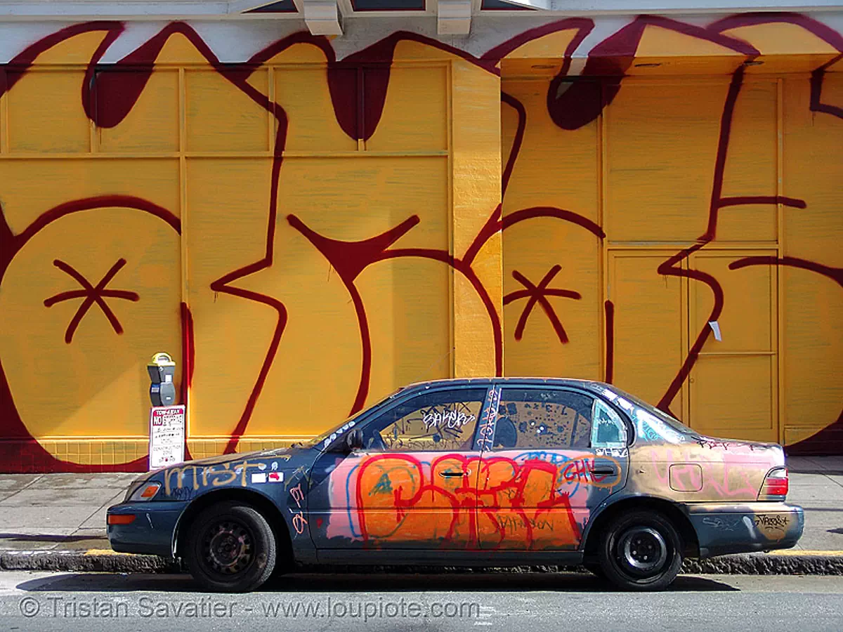 graffiti or vandalism? (san francisco), amaze, car, haight & ashbury, haight and ashbury, haight street, mural, street art, throwup, wall, windows, yellow