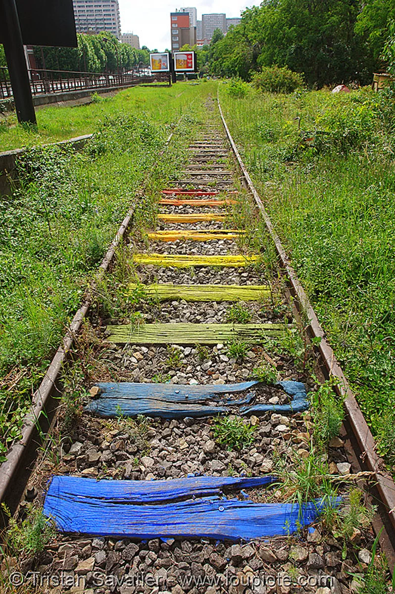 railroad ties - petite ceinture - abandoned railway (paris, france), cross ties, graffiti, paint, painted, railroad tracks, rails, railway sleepers, rainbow colors, street art, trespassing, urban exploration, stock photo