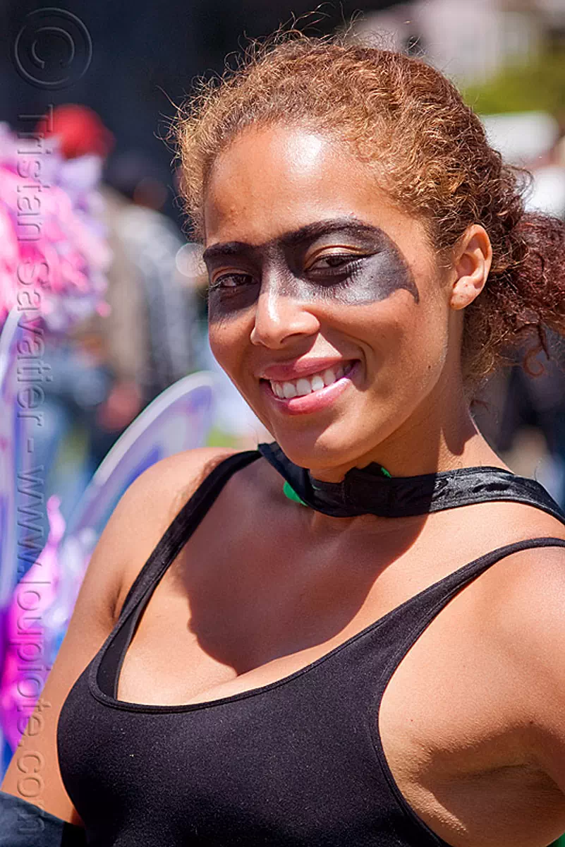 woman with black mask face paint, bay to breakers, facepaint, festival, street party, stock photo