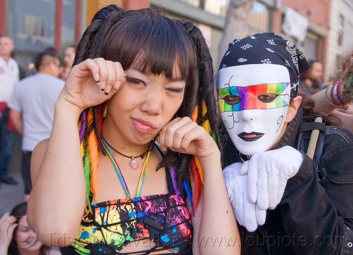 jessikr and white mask with rainbow colors, gay pride festival, rainbow mask, white gloves