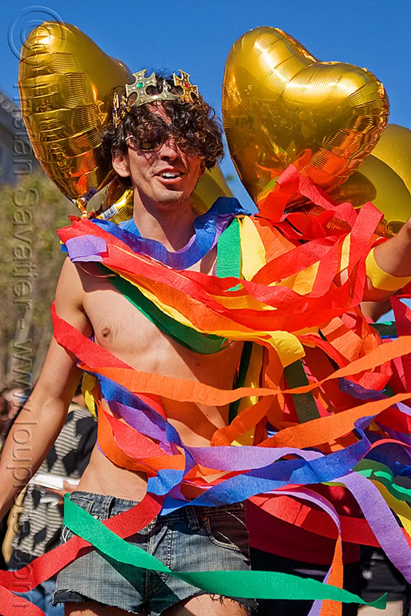 gay pride san francisco, crown, gay pride festival, heart balloons, man, paper strips, rainbow colors, stock photo