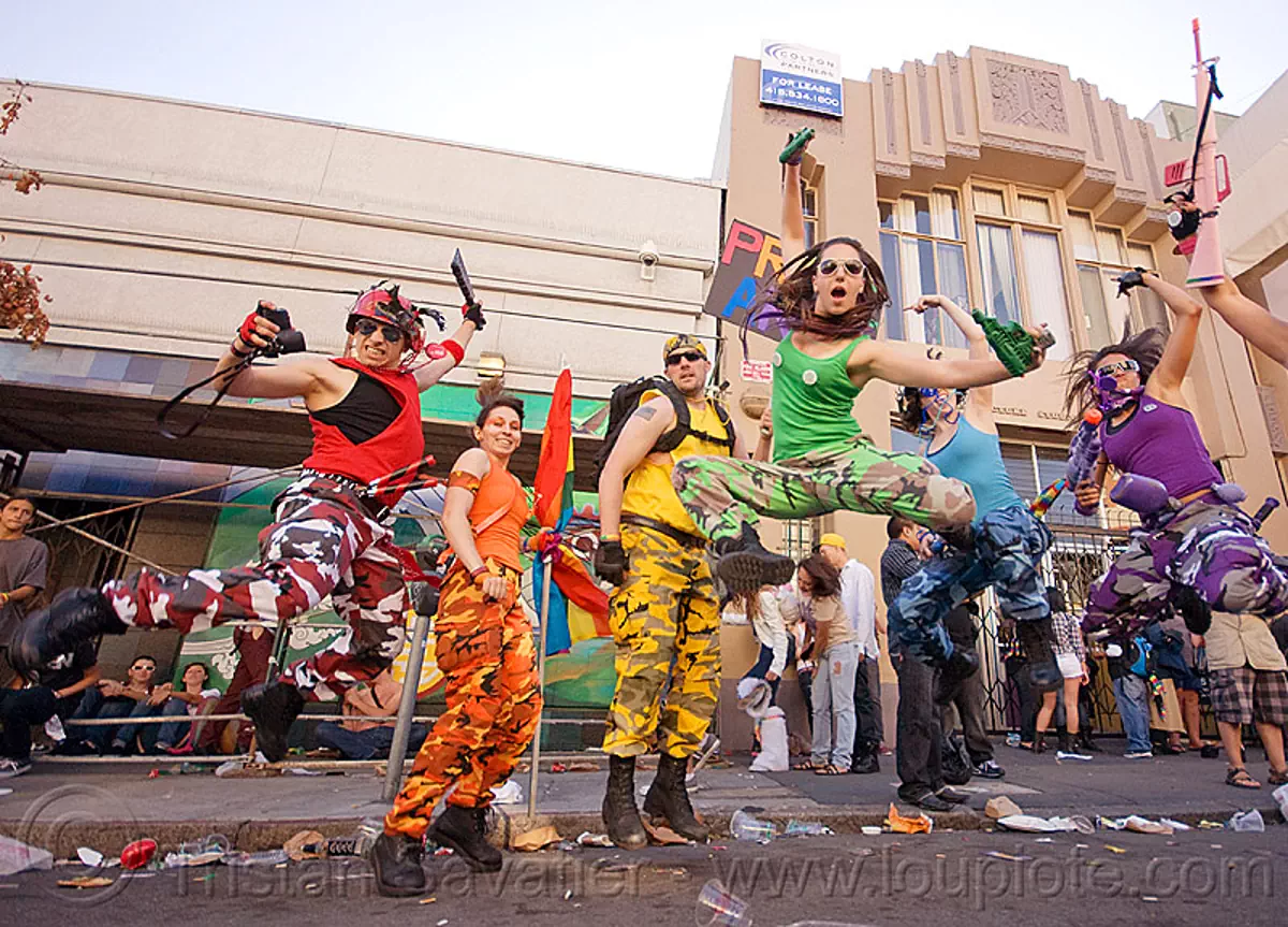 gay pride - pride army - rainbow people jumping, gay pride festival, jump shot, rainbow colors, stock photo