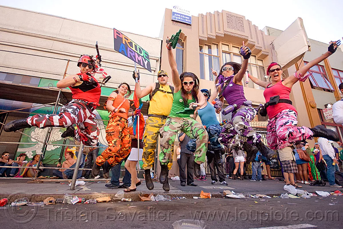 gay pride army - rainbow people jumping, gay pride festival, jump shot, rainbow colors, stock photo