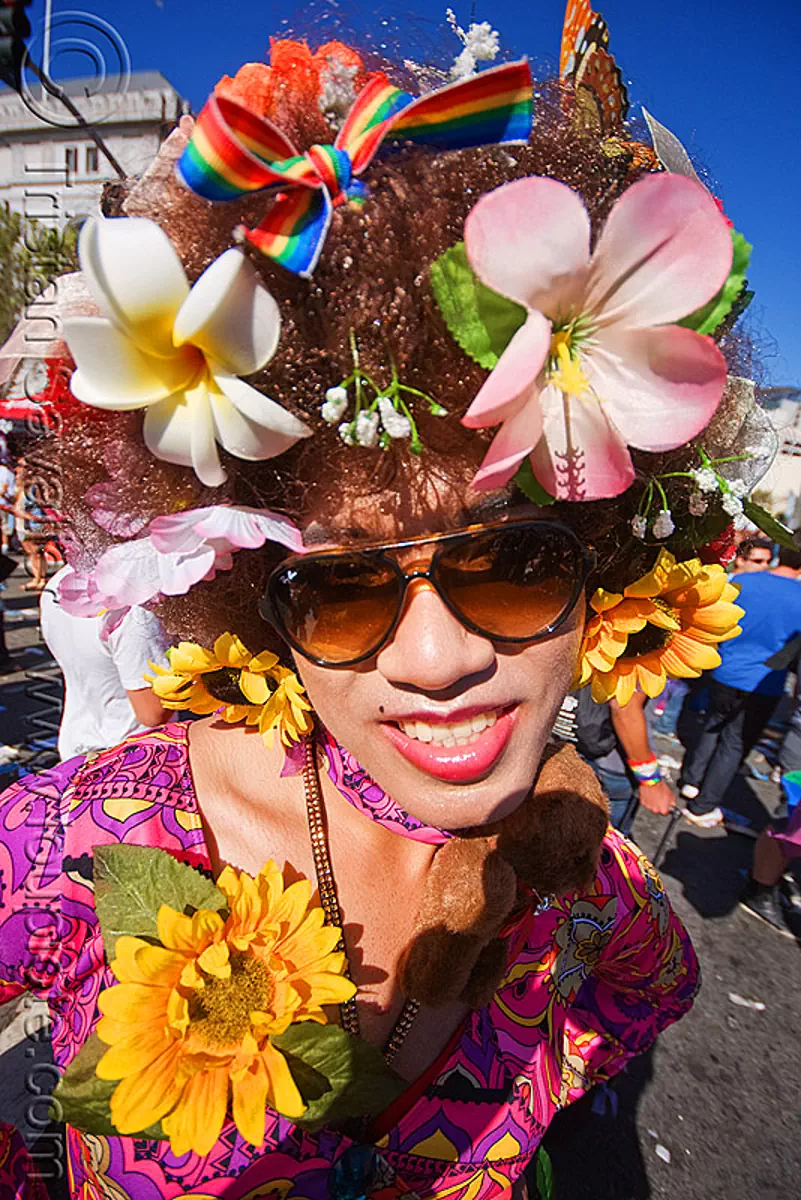 drag queen with flowers - gay pride festival (san francisco), fake flowers, flowers headdress, sunglasses, transvestite, stock photo