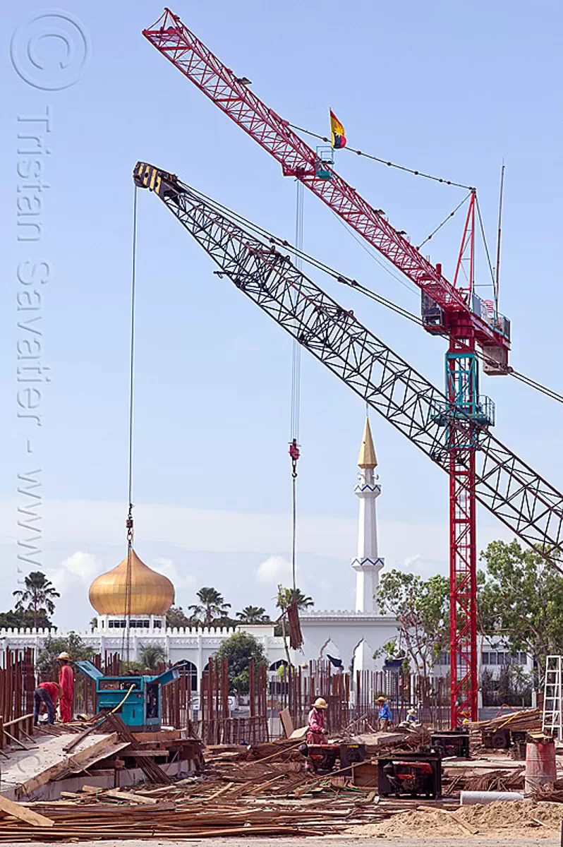 construction cranes - mosque, building construction, construction site, construction workers, man, minaret, miri, rebars, safety helmet, tower, stock photo