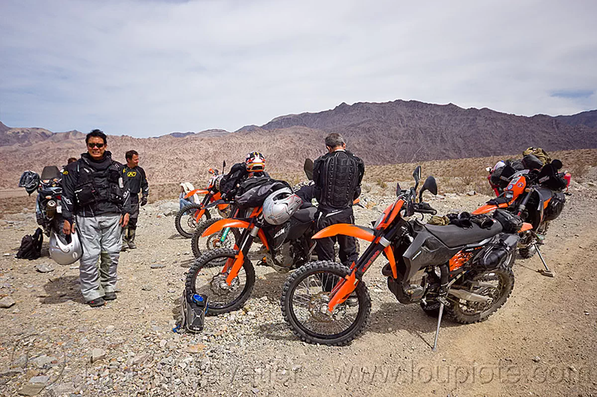 KTM motorcycles in the desert, adv rider, adventure rider, death valley, dual-sport, motorbike, motorcycle, noobs rally, saline valley, stock photo