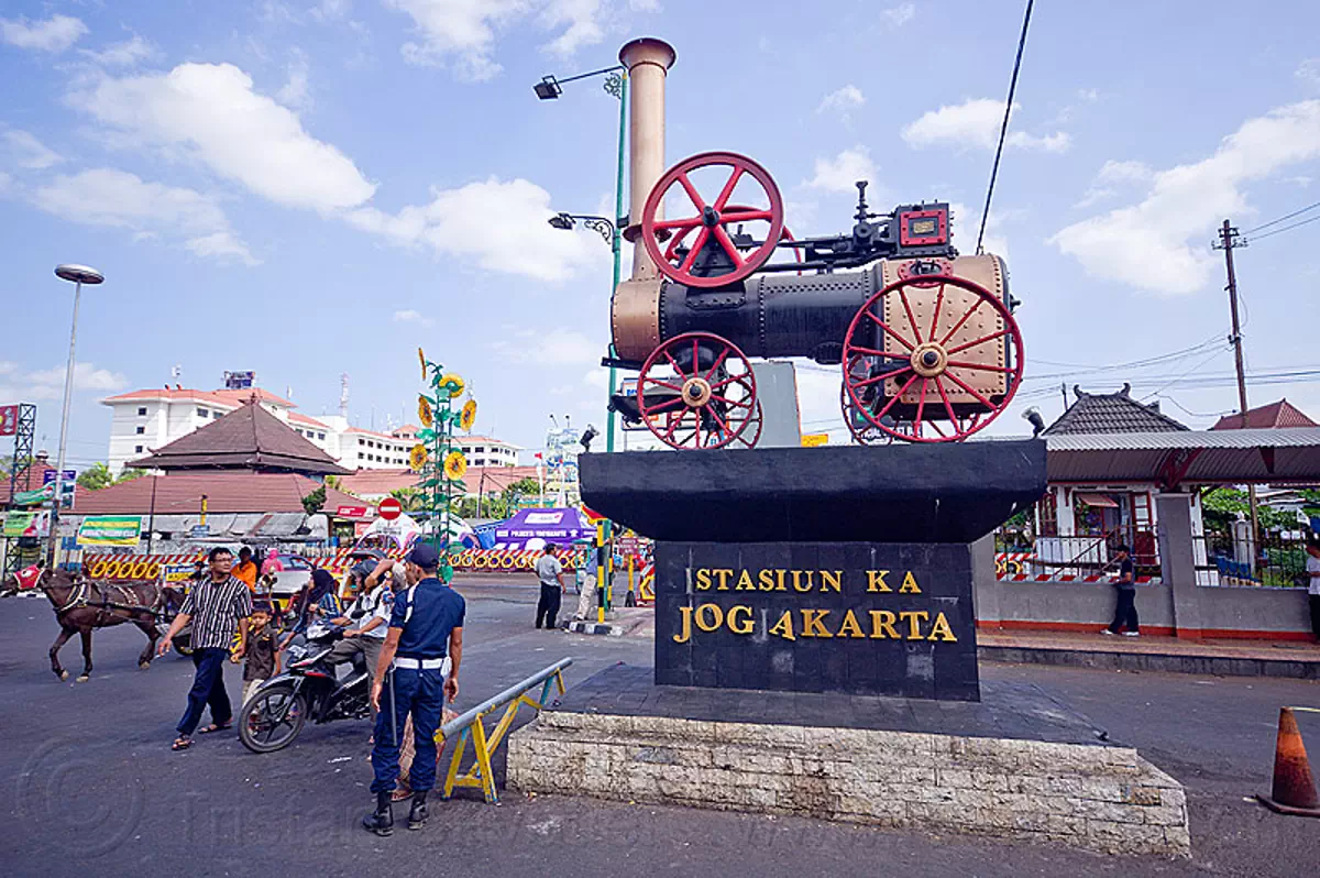 yogyakarta train station, java, jogja, jogjakarta, marshall, monument, portable engine, portable steam engine, street, stock photo
