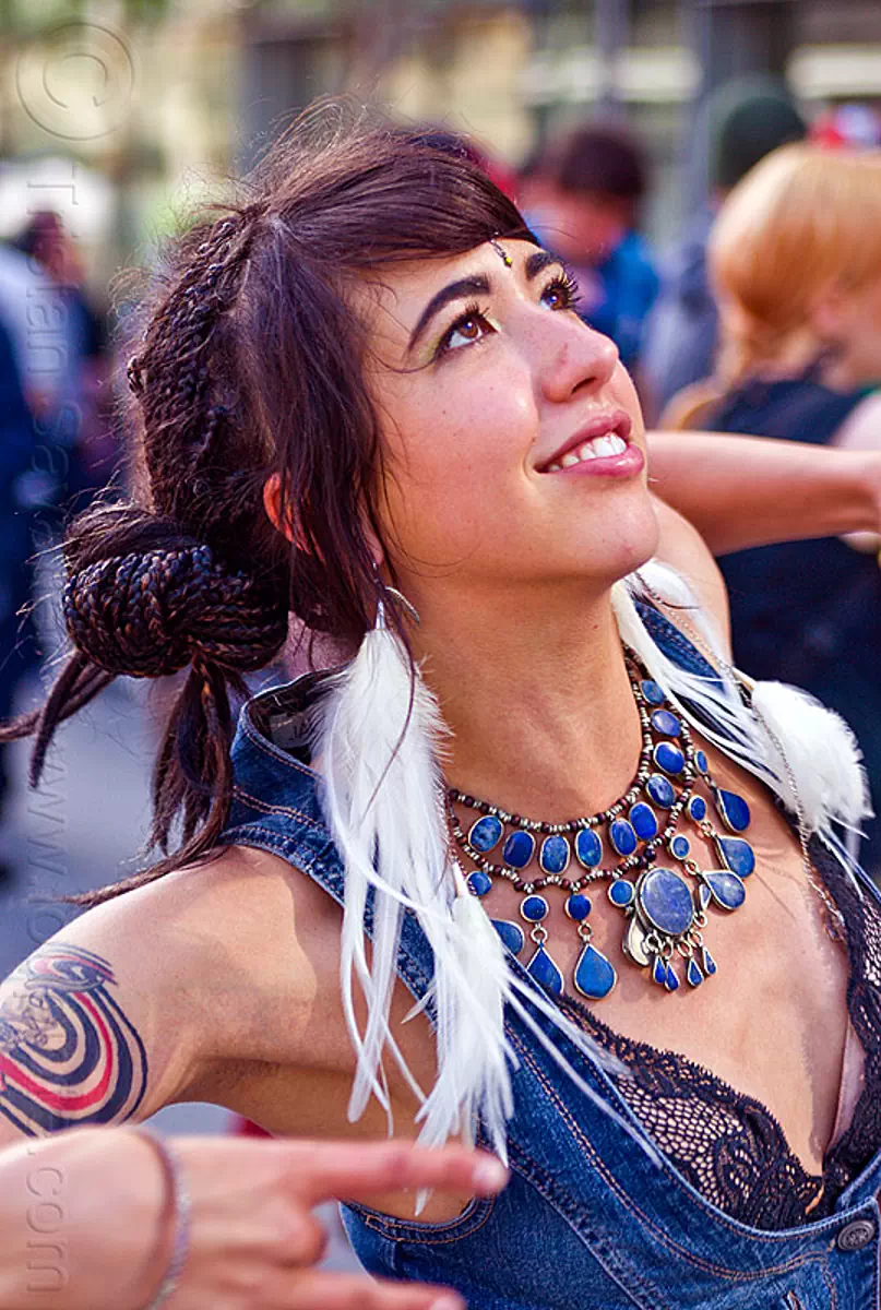ariana, bindi, dancing, how weird festival, necklace, white feather earrings, stock photo