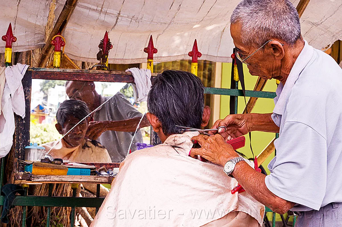 street barber, broken mirror, cutting, haircut, hairdresser, java, jogja, jogjakarta, men, scissors, working, yogyakarta, stock photo