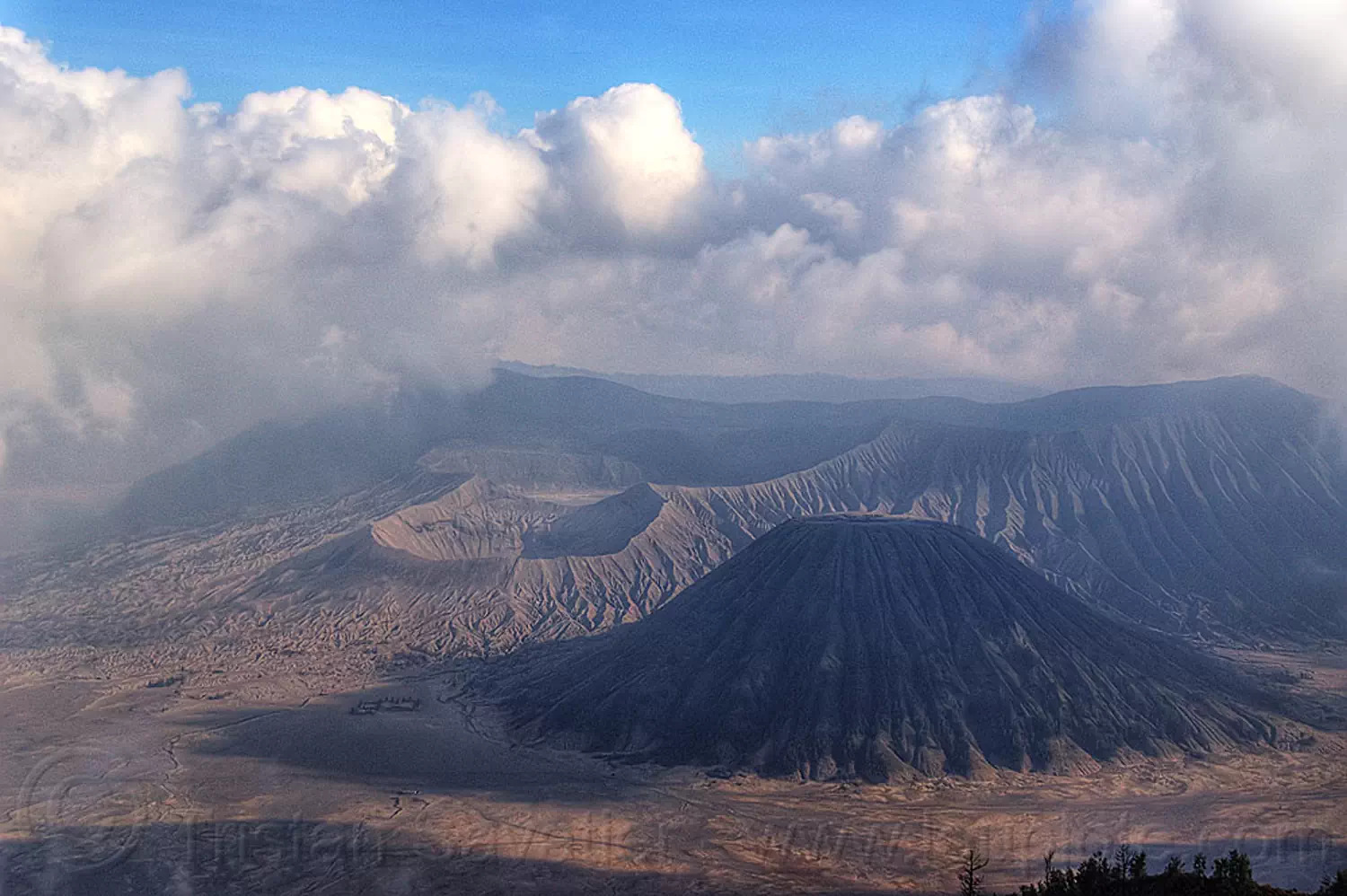bromo volcano, batok volcano, cloudy, couds, gunung batok, gunung bromo, java, lautan pasir, sand, stratovolcano, tengger caldera, volcanic ash, volcanic cone