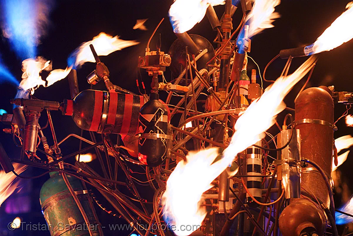 art installation - fire machine - crucible fire arts festival 2007 (oakland, california), burning, fire art, flame, johnny amerika, movement, the crucible, stock photo