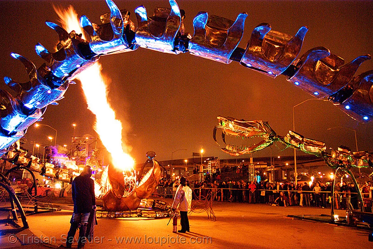 giant snake skeleton sculpture - crucible fire arts festival 2007 (oakland, california) - serpent mother, burning, fire art, flame, flaming lotus girls, the crucible, stock photo