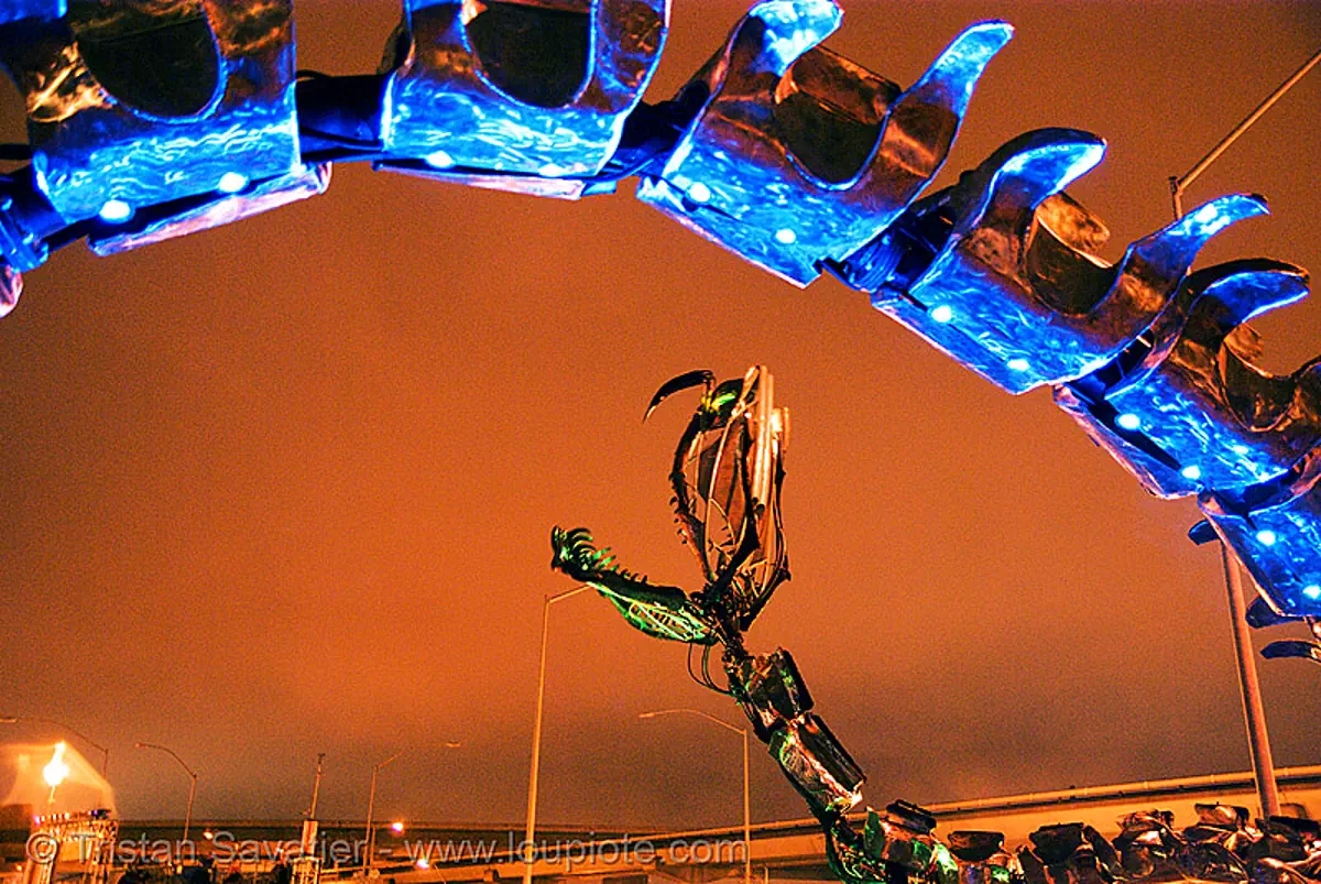 giant snake skeleton sculpture - head and vertebras - crucible fire arts festival 2007 (oakland, california) - serpent mother, fire art, flame, flaming lotus girls, the crucible, stock photo