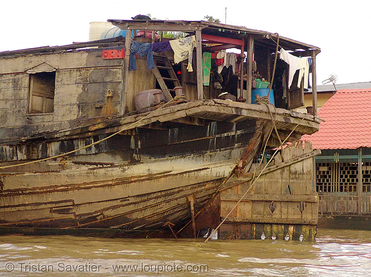 mekong river, large wooden boat, vietnam