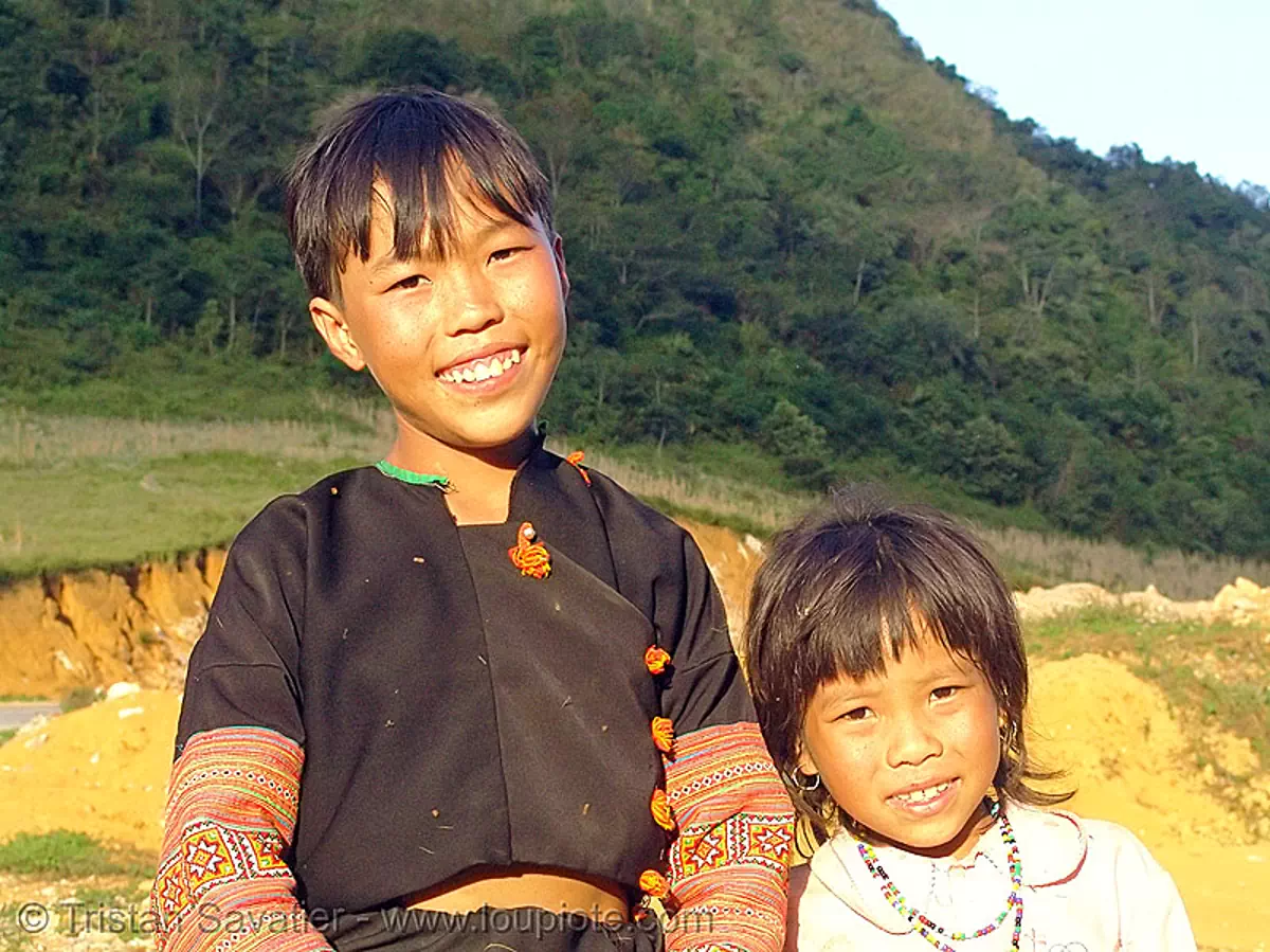 flower hmong brother and sister - vietnam, black hmong, boy, children, flower h'mong tribe, hill tribes, kids, tribe girl, stock photo