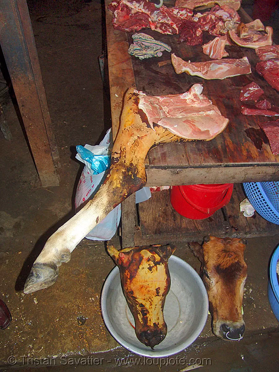 beef - meat market - vietnam, cow, head, leg, meat shop, raw meat, sapa, steaks, stock photo
