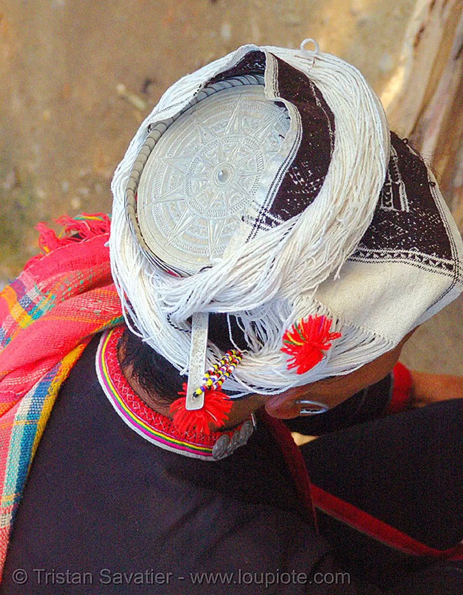 "kim mun lantien sha" tribe celestial crown - yao/dao tribe woman's headdress - vietnam, asian woman, bảo lạc, decoration, dzao tribe, engraved, engraving, headwear, hill tribes, metal, plate, relief, repousse, repouss&eacute;, yao tribe, zao tribe, stock photo