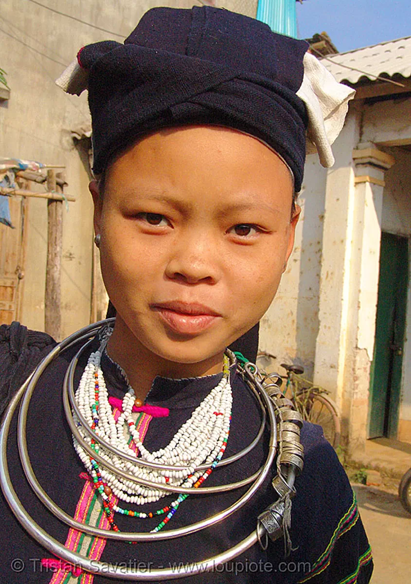 "lo lo den" tribe girl with necklaces - vietnam, asian woman, black lo lo tribe, bảo lạc, hat, headwear, hill tribes, lo lo den tribe, necklace, stock photo