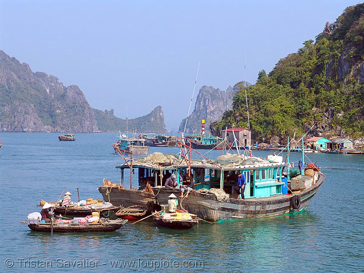 small fishing boats on halong bay - vietnam, islands, sea, stock photo