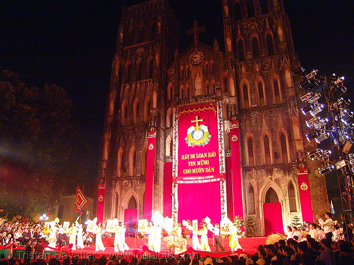 celebration in front of the cathedral - vietnam, church, hanoi, red, religion, stock photo