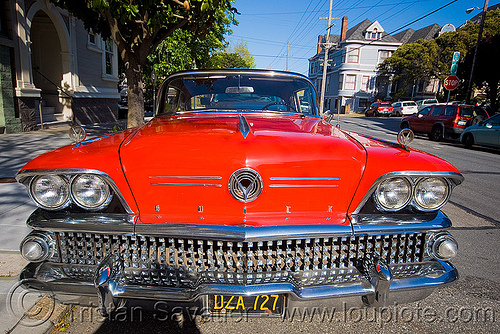 1958 buick special coupe - red - front (san francisco), 1958, automobile, buick special, classic car, coupe, front, grid, red