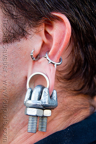crosby cable clamp earring - gauged ear piercing, body mod, Crosby Cable