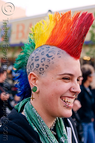rainbow mohawk ear piercing Gauged Ears gay pride festival head tattoo