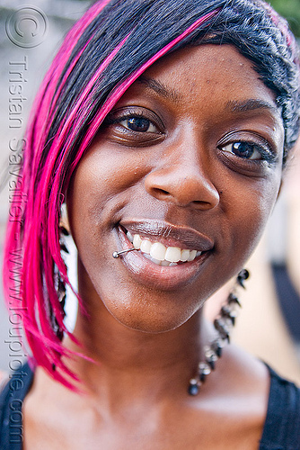 Black And Pink Hair. lack woman with pink hair,