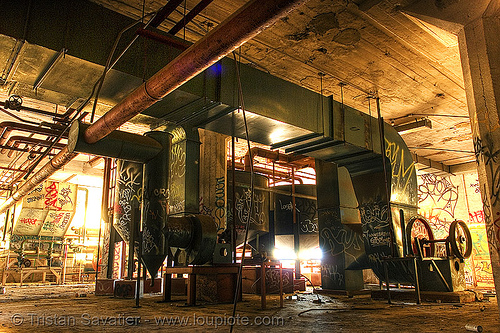 abandoned factory (san francisco), derelict, ducts, pipes, tie's warehouse, trespassing