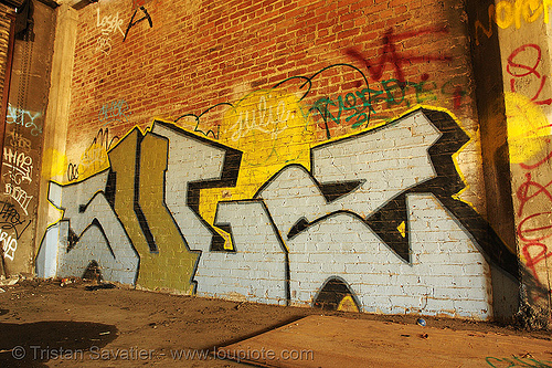 abandoned factory (san francisco), brick wall, derelict, graffiti piece, street art, sugz, tie's warehouse, trespassing