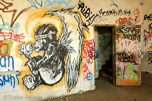 abandoned factory (san francisco), derelict, graffiti piece, monkey, street art, tie's warehouse, trespassing
