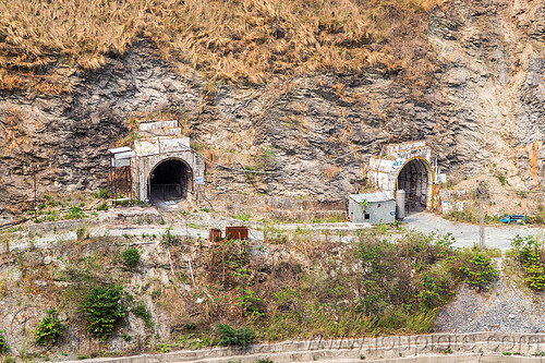 adits to teesta power house - tunnels entrances (india), adit, hydro electric, road, teesta river, tista, tunnels, west bengal