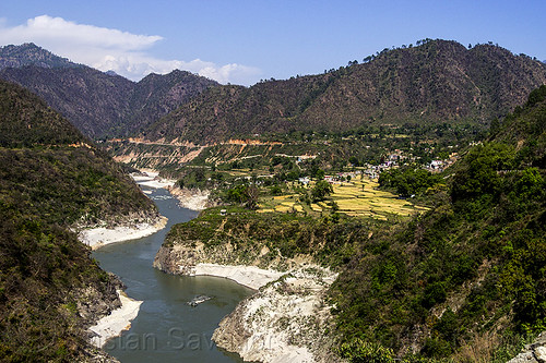 alaknanda river valley (india), alaknanda river, hills, landscape, mountain river, mountains, river bed, valley, winding