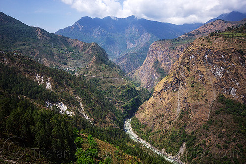 alaknanda valley near joshimath (india), alaknanda river, alaknanda valley, landscape, mountain river, mountains, v-shaped valley