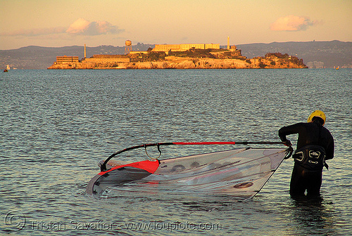 alcatraz and windsurfer at sunset (san francisco), alcatraz, ocean, san francisco bay, sea, sunset, windsurf, windsurfer