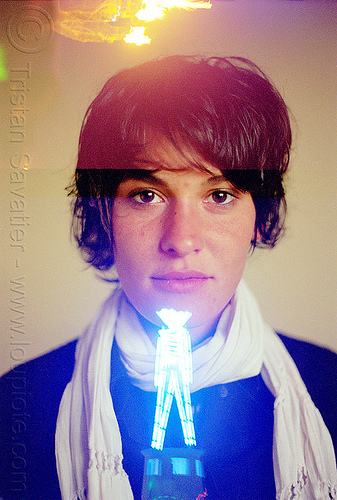 alex with burning man, double exposure, neck scarf, neon, the man, woman