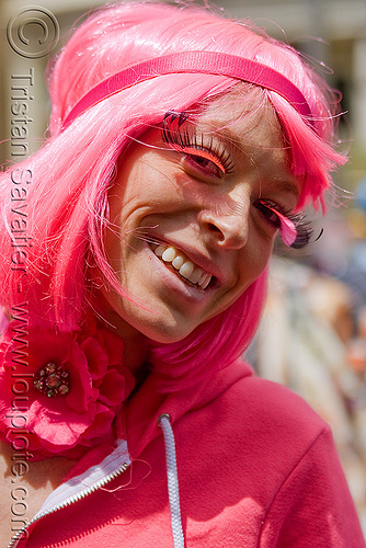 all in pink, bay to breakers, costume, eyelashes extensions, footrace, pink eyelashes, pink wig, street party, woman