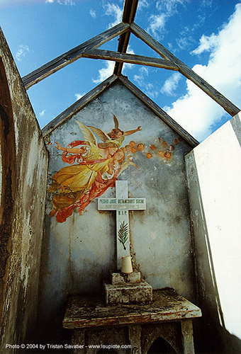 angels fresco in abandoned chapel - santo domingo cemetery, altar, angel wings, angels, cemetery, chapel, cross, dominican republic, frescoes, grave, graveyard, mural, painting, ruins, santo domingo, tomb, trespassing