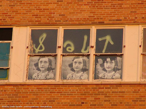 anne frank posters in window, abandoned building, abandoned hospital, ann frank, anne frank, graffiti, presidio hospital, presidio landmark apartments, salt, trespassing, window