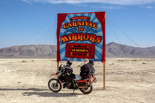 arriving to burning man 2015 by motorbike - klr 650, admission, black rock city, carnival of mirrors, dual-sport, duffle bags, entrance, gate, kawasaki, klr 650, luggage, motorcycle touring, overloaded, panniers, sign