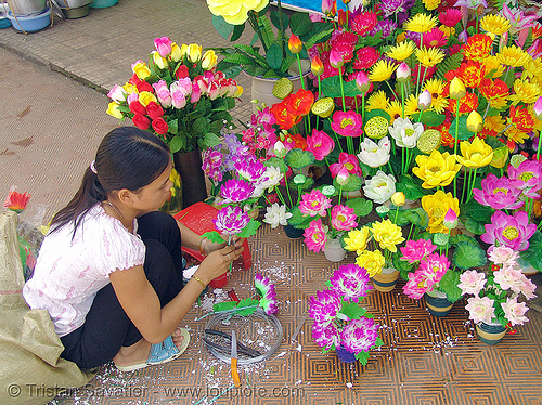 artificial flowers - child labour - vietnam, artificial flowers, child labour, colorful, fake flowers, girl, hué, street market, street seller