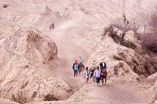 ascension of bromo volcano, bromo volcano, dust masks, gunung bromo, hiking, horses, mountains, ponnies, sand, trail, trekking, volcanic ash, walking