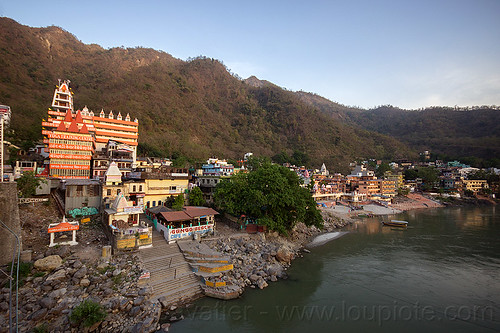 ashrams and ghats on ganges river in rishikesh (india), ashrams, buildings, ganga, ganges river, ghats, rishikesh