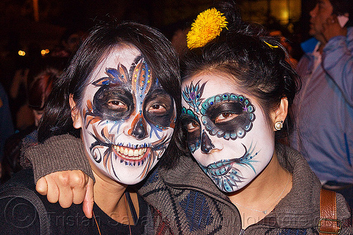asian women with mexican-style skull makeup, asian woman, asian women, day of the dead, dia de los muertos, face painting, facepaint, halloween, lauren, night, sugar skull makeup