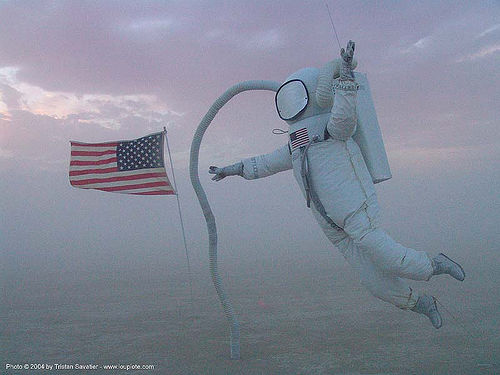 astronaut - moonwalk - moon - burning man-2004, american flag, art installation, astronaut, jonathan bickart, moon, moonwalk, us flag