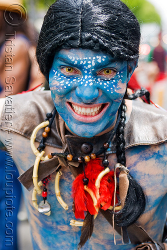 avatar costume - bay to breaker footrace and street party (san francisco), avatar, bay to breakers, blue, contacts, costume, face painting, facepaint, footrace, hat, headdress, makeup, man, matthew, necklace, special effects contact lenses, street party, theatrical contact lenses, yellow color contact lenses
